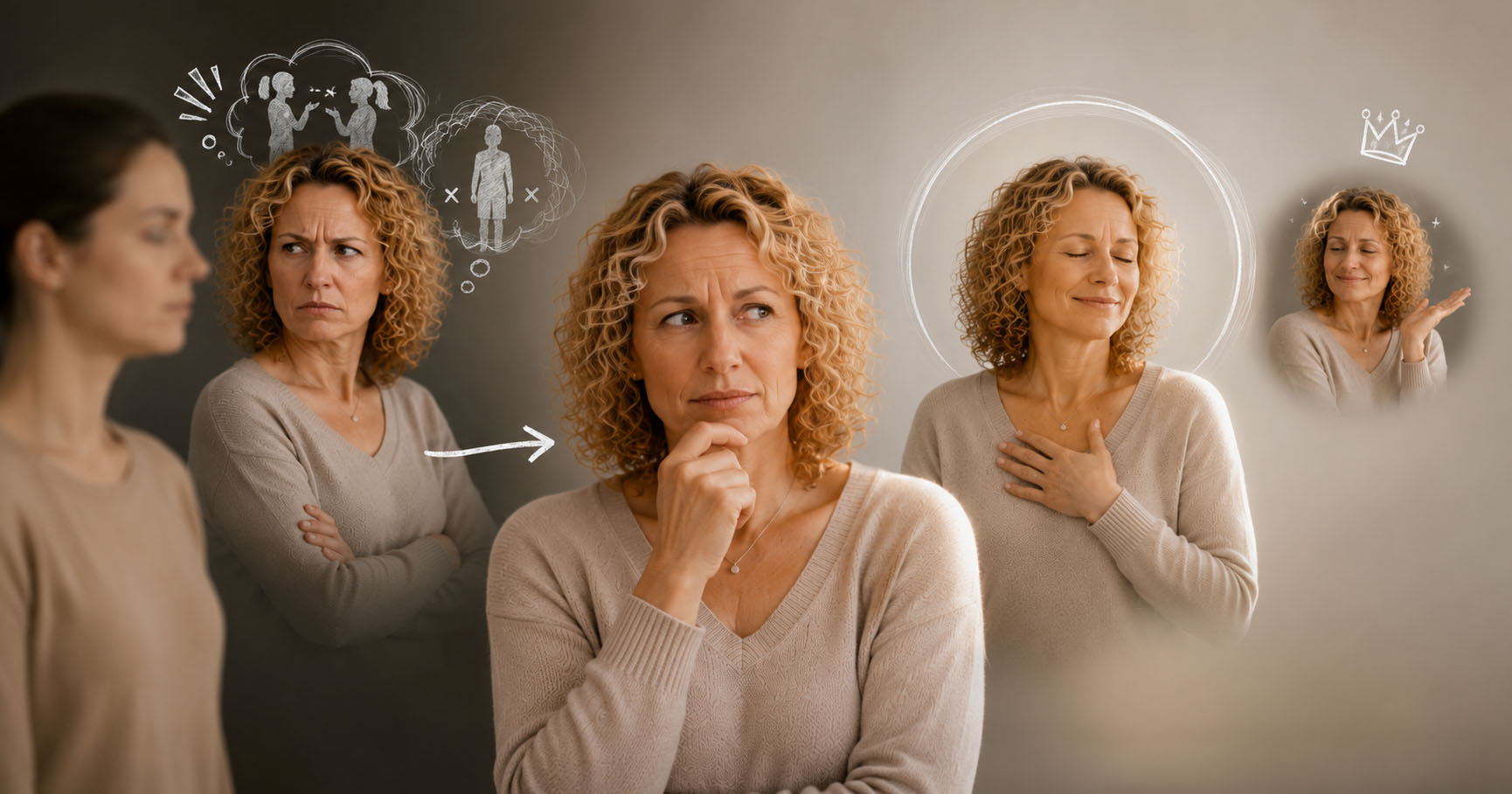Bildcollage einer Frau zwischen vorschnellem Urteil und Nachdenken