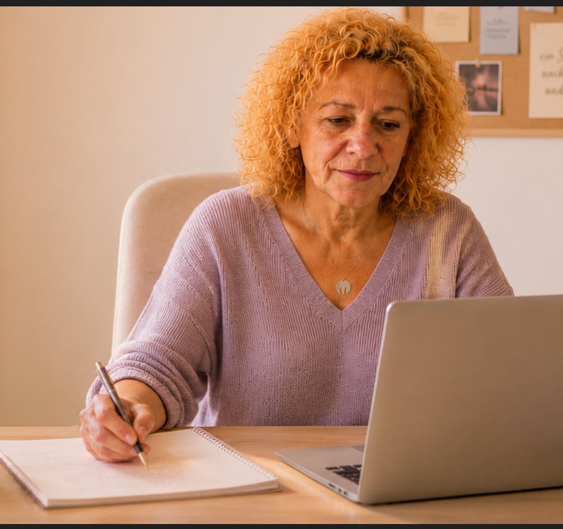 Silke Meyer arbeitet ruhig am Schreibtisch mit Laptop und Notizbuch