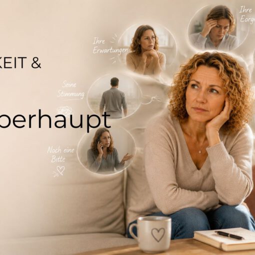 Nachdenkliche Frau sitzt zwischen angespannten Alltagsszenen – die Stimmung anderer zieht sie mit runter