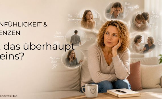 Nachdenkliche Frau sitzt zwischen angespannten Alltagsszenen – die Stimmung anderer zieht sie mit runter