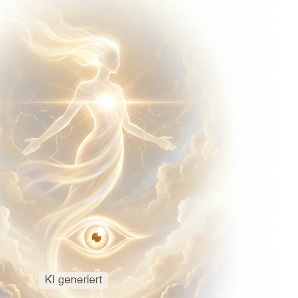 Leuchtende Gestalt schwebt über einem Auge und einer kleinen menschlichen Figur in Wolken.