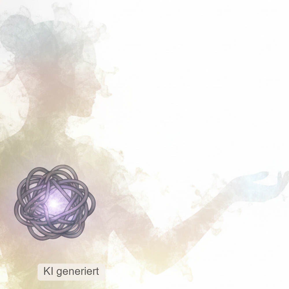 Abstrakte Silhouette einer Frau mit einem leuchtenden violetten Knoten vor der Brust.