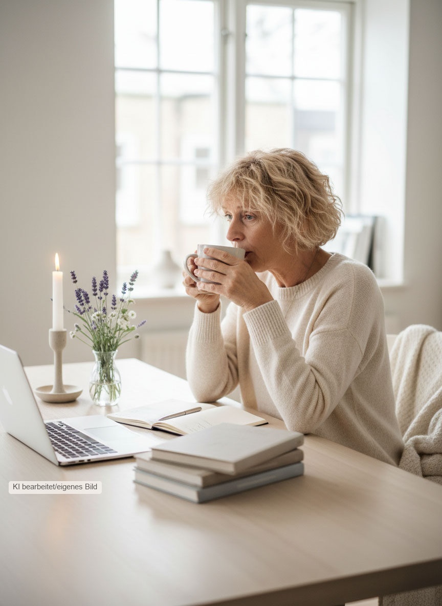 Silke Meyer sitzt mit einer Tasse am Schreibtisch vor ihrem Laptop.