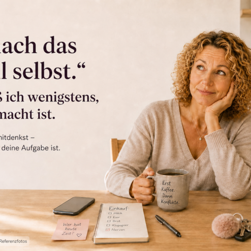 Frau am Küchentisch denkt an offene Aufgaben – immer muss ich mich um alles kümmern