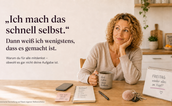 Frau am Küchentisch denkt an offene Aufgaben – immer muss ich mich um alles kümmern