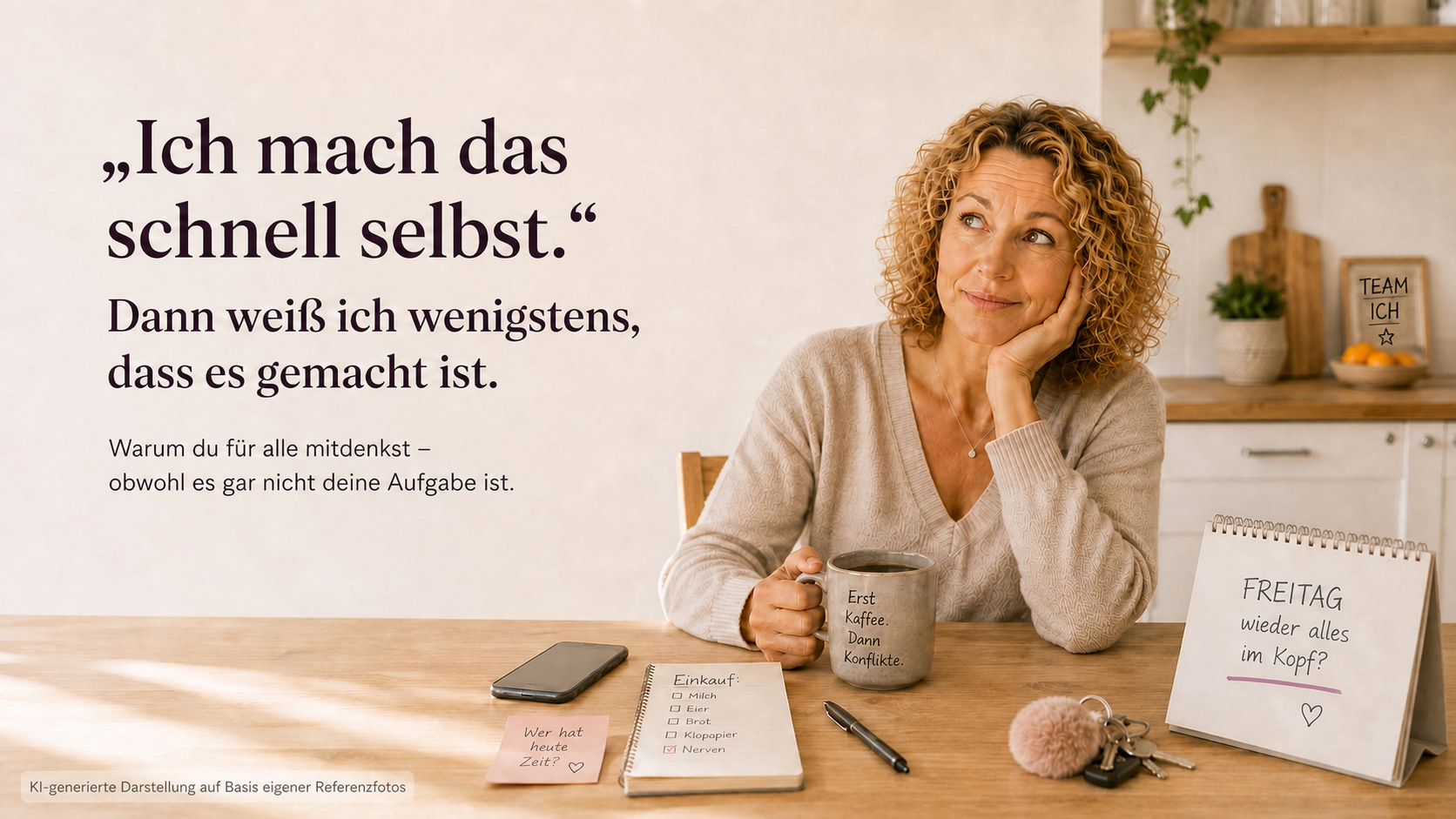 Frau am Küchentisch denkt an offene Aufgaben – immer muss ich mich um alles kümmern