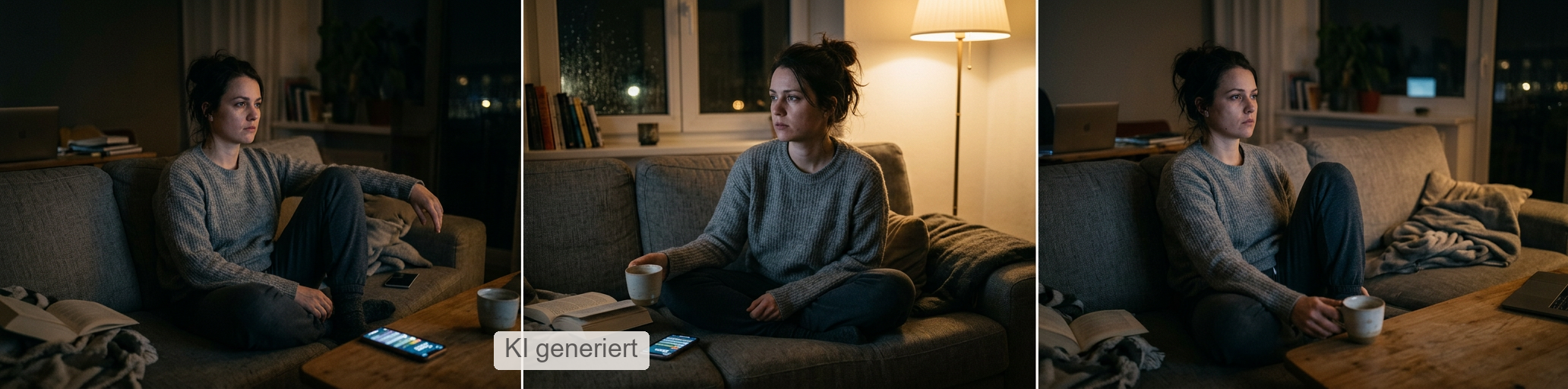Dreiteilige Bildfolge: Eine Frau sitzt nachts angespannt auf dem Sofa und kommt trotz Ruhe nicht zur Ruhe