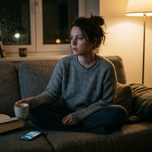 Dreiteilige Bildfolge: Eine Frau sitzt nachts angespannt auf dem Sofa und kommt trotz Ruhe nicht zur Ruhe