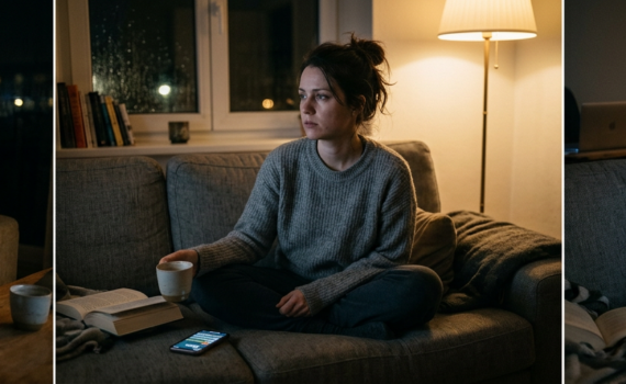 Dreiteilige Bildfolge: Eine Frau sitzt nachts angespannt auf dem Sofa und kommt trotz Ruhe nicht zur Ruhe