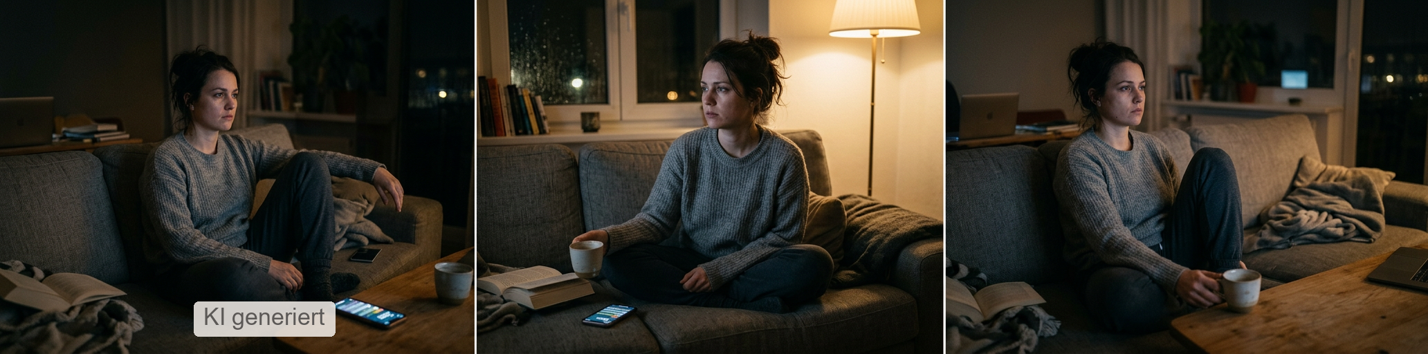 Dreiteilige Bildfolge: Eine Frau sitzt nachts angespannt auf dem Sofa und kommt trotz Ruhe nicht zur Ruhe