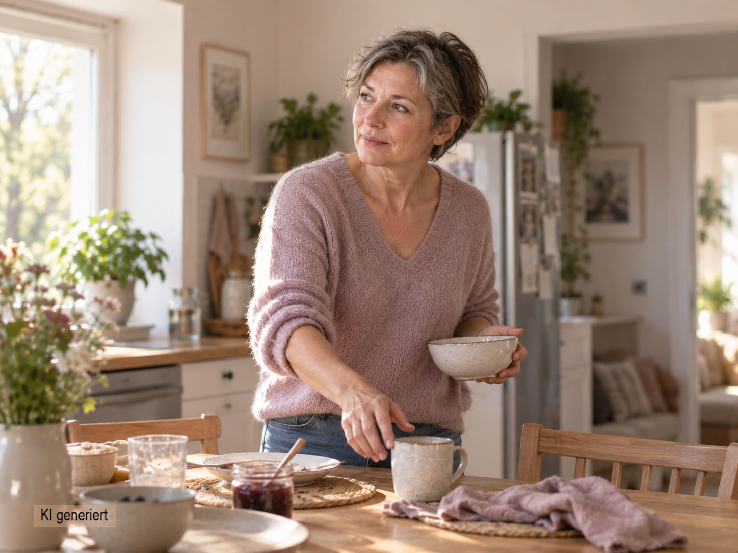 Frau unterbricht eine automatische Handlung und legt ihr Smartphone bewusst beiseite.